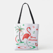 一面に赤いクリスマスフラミンゴメリークリスマス トートバッグ (裏面)