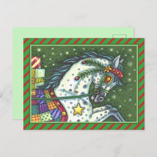 一頭の馬にリンゴのグレーが広がっていカラフルる。 シーズンポストカード (正面/裏面)