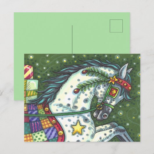 一頭の馬にリンゴのグレーが広がっていカラフルる。 シーズンポストカード (正面/裏面)