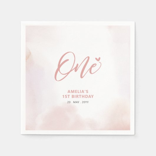 一 |ピンクのハート&水彩少女1st誕生日 スタンダードカクテルナプキン (正面)