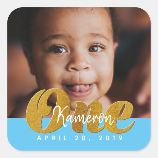 一 |金ゴールドきらめく |最初の誕生日写真 スクエアシール (正面)
