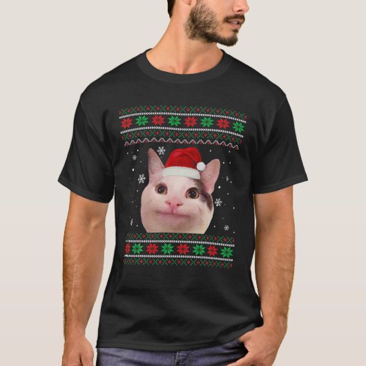 丁寧な猫ミームサンタハット醜いクリスマスセーターP Tシャツ (正面)
