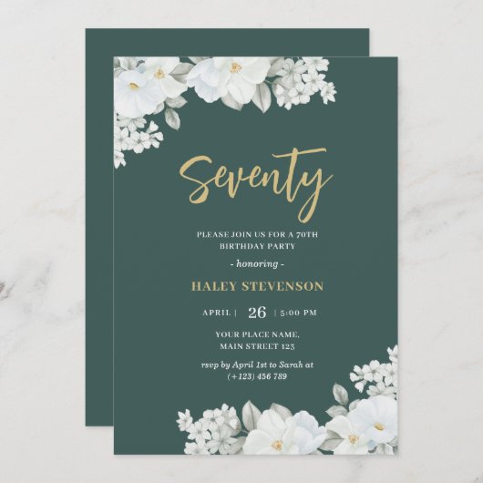 七万緑&金ゴールドホワイトフローラ誕生日 招待状 (正面/裏面)