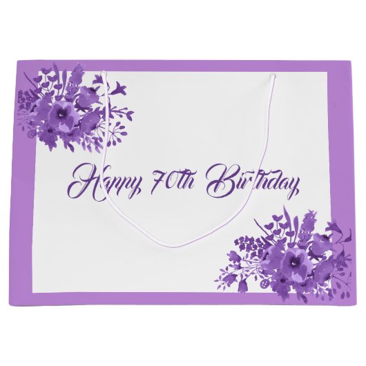 七十の誕生日の紫色の水色の花模様 ラージペーパーバッグ (正面)