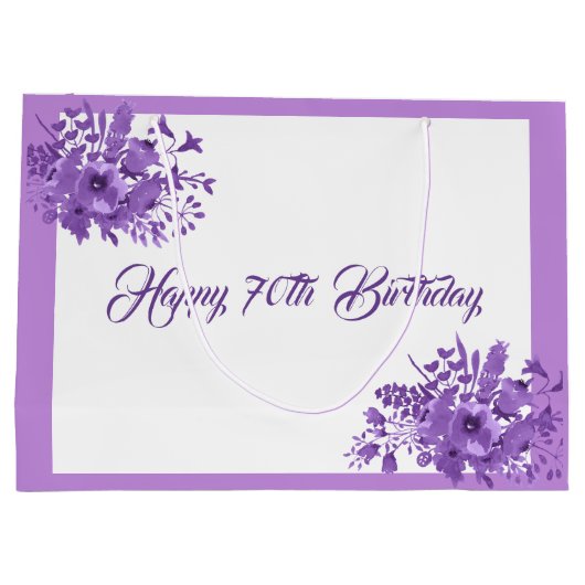 七十の誕生日の紫色の水色の花模様 ラージペーパーバッグ (裏面)