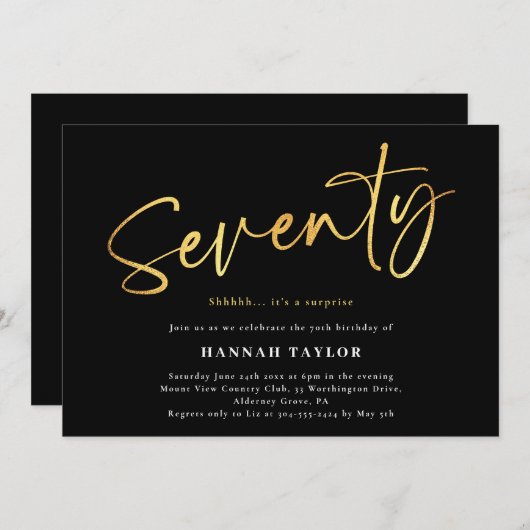 七十エレガント黒モダン金ゴールド70誕生日 招待状 (正面/裏面)