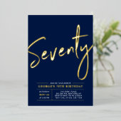 七十 |金ゴールドモダンネイビー70th誕生日パーティー 箔招待状 (立ち正面)
