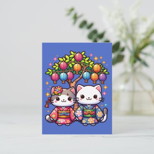 七夕の着物を着た子猫 ポストカード (スタンド正面)