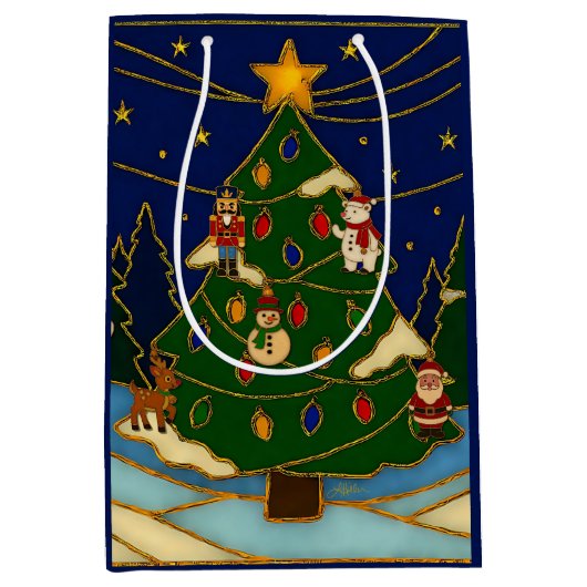 七宝焼きアートの幻想的な森のクラシッククリスマス ミディアムペーパーバッグ (正面)