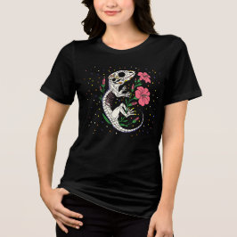 七月のデルフィニウムとトカゲのスケルトン トライブレンドTシャツ