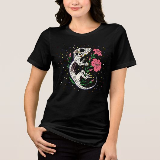 七月のデルフィニウムとトカゲのスケルトン トライブレンドTシャツ (正面)
