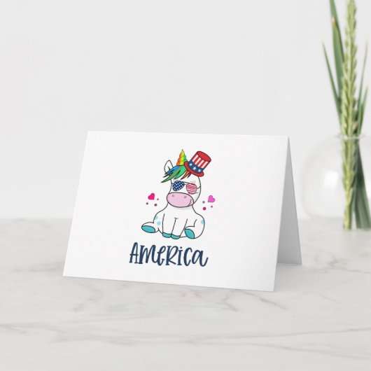 七月四日アメリカ独立記念日のユニコーンがUSA国旗のサングラスをかける カード (正面)