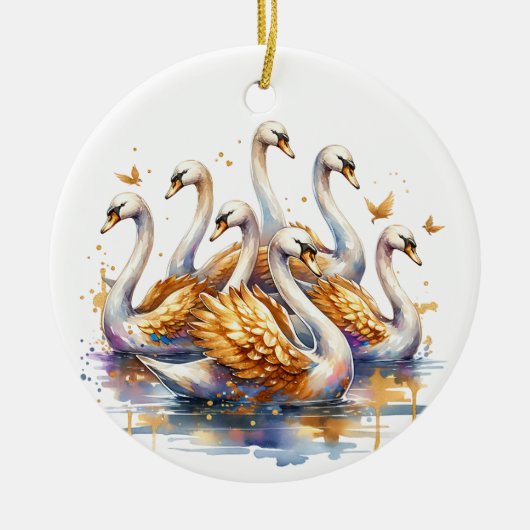 七羽の白鳥が泳いでいる | クリスマスの12日 セラミックオーナメント (正面)