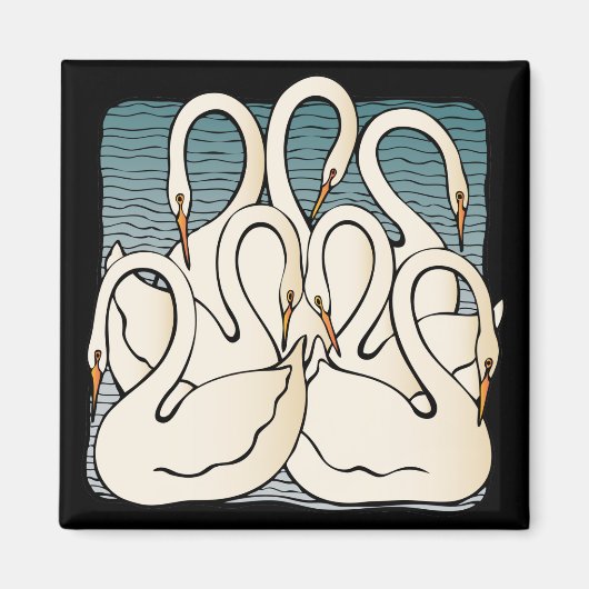 七羽の白鳥が泳ぐ マグネット (正面)