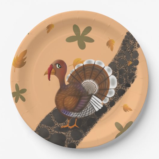 七面鳥が花で石の道を歩いている ペーパープレート (正面)