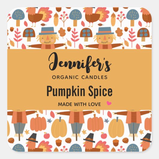 七面鳥とかかし感謝祭パターンキャンドル スクエアシール (正面)