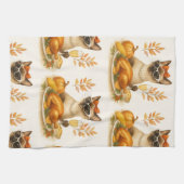 七面鳥の感謝祭を持つネコの女性 キッチンタオル (横)