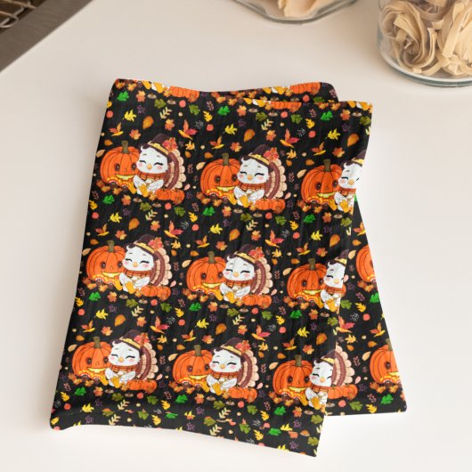 七面鳥の赤ちゃんとカボチャのハロウィン キッチンタオル