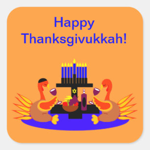 七面鳥を焼くThanksgivukkahのステッカーのワイン スクエアシール