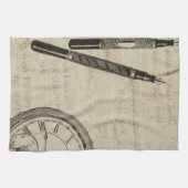 万年筆と注記付き時計面 キッチンタオル (横)