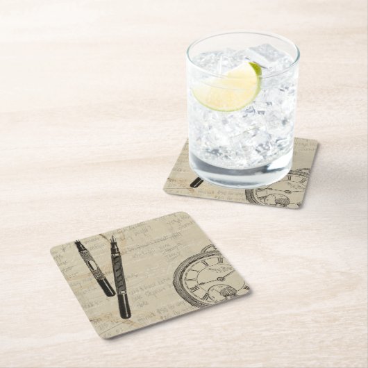 万年筆と注記付き時計面 スクエアペーパーコースター (インサイチュ)