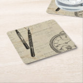 万年筆と注記付き時計面 スクエアペーパーコースター (アングル)