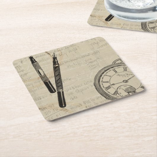 万年筆と注記付き時計面 スクエアペーパーコースター (アングル)