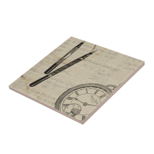 万年筆と注記付き時計面 タイル (側面)