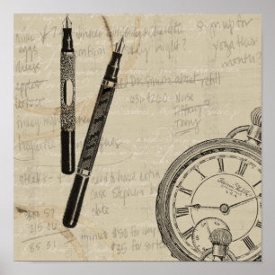 万年筆と注記付き時計面 ポスター