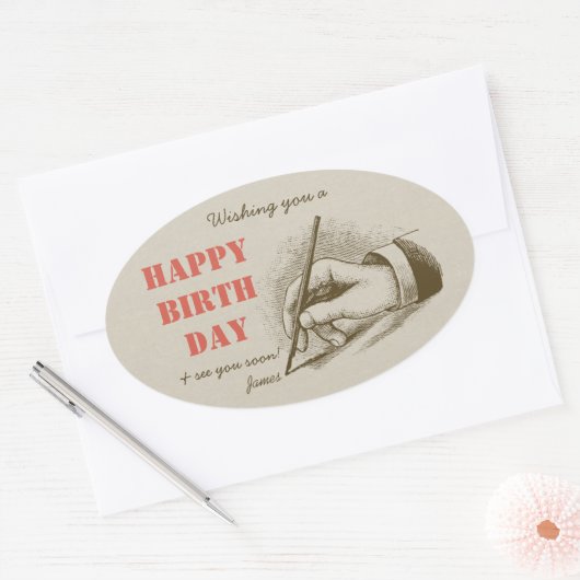 万年筆を握るレトロの誕生日の男性手 楕円形シール (封筒)