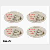 万年筆を握るレトロの誕生日の男性手 楕円形シール (シート)