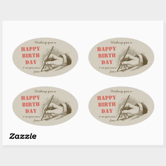 万年筆を握るレトロの誕生日の男性手 楕円形シール (シート)