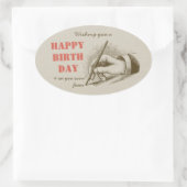 万年筆を握るレトロの誕生日の男性手 楕円形シール (バッグ)