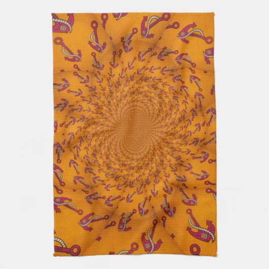 万華鏡のように千変万化するパターンいかりアートプリント キッチンタオル (縦)