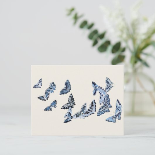 万華鏡のように千変万化するパターンの青日本の蝶 ポストカード (スタンド正面)