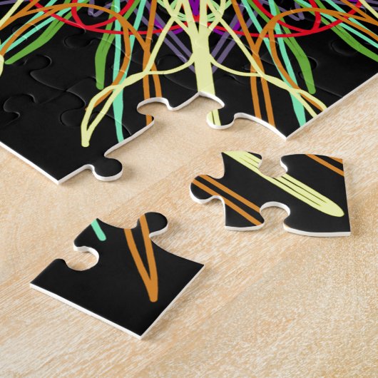 万華鏡のように千変万化するパターンオレンジ黄色の黒緑の青い花 ジグソーパズル (側面)