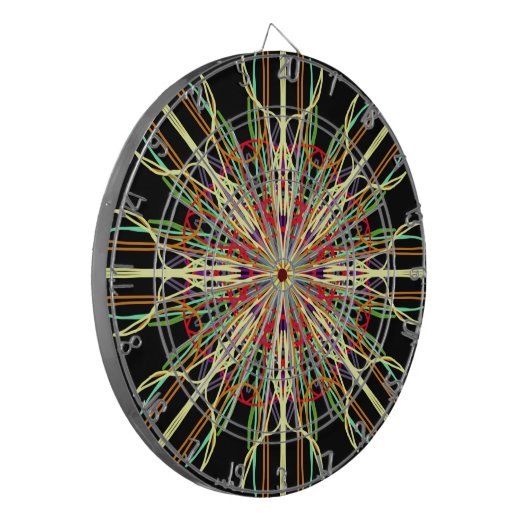 万華鏡のように千変万化するパターンオレンジ黄色の黒緑の青い花 ダーツボード (正面左)