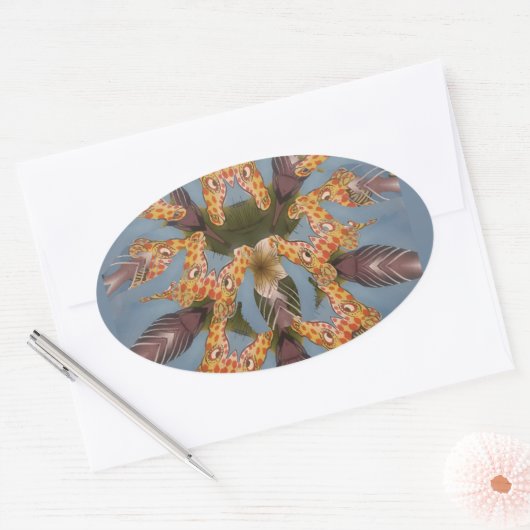 万華鏡のように千変万化するパターンキリン・マンダラ:抽象芸術・サファリ・アート 楕円形シール (封筒)