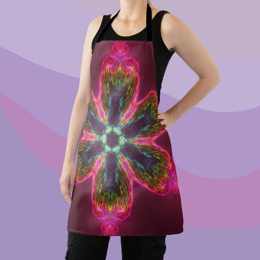 万華鏡のように千変万化するパターンサイケデリックフラワーグリーンとピンク エプロン