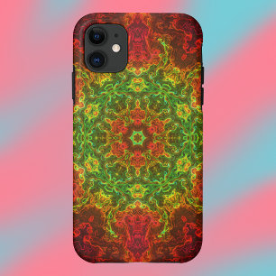 万華鏡のように千変万化するパターンサイケデリックフラワーグリーンと赤 iPhone 11 ケース