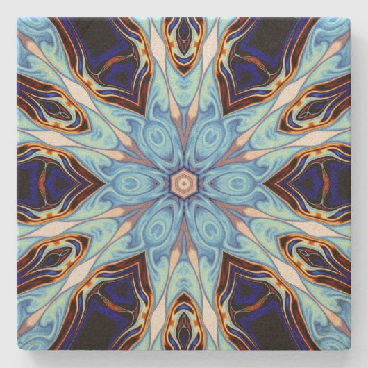 万華鏡のように千変万化するパターンサイケデリックフラワーブルーとオレンジ ストーンコースター (正面)