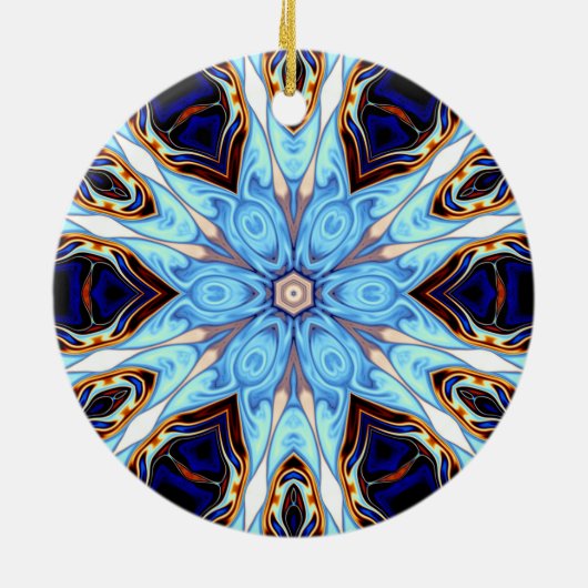 万華鏡のように千変万化するパターンサイケデリックフラワーブルーとオレンジ セラミックオーナメント (裏面)