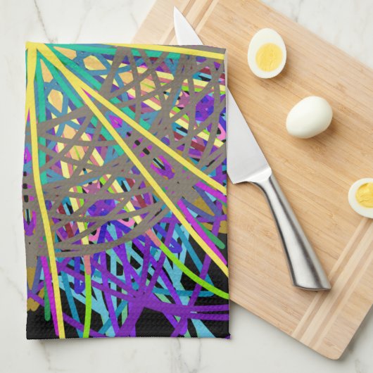 万華鏡のように千変万化するパターンスターパープルオレンジグリーン キッチンタオル (四つ折り)