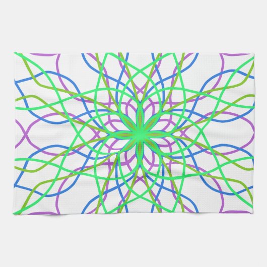 万華鏡のように千変万化するパターンスターホワイトグリーンブルーパープルアート キッチンタオル (横)