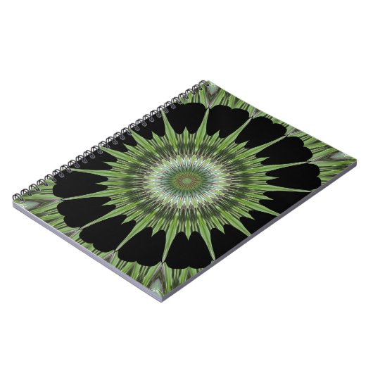 万華鏡のように千変万化するパターンデザイングリーンブラック ノートブック (左側)