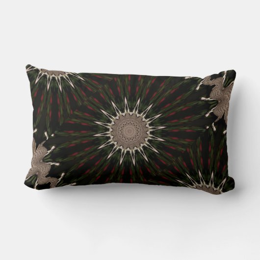 万華鏡のように千変万化するパターンデザインダークグリーンレッドブラウン ランバークッション (裏面)