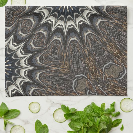 万華鏡のように千変万化するパターンデザインブラックグレーブルーホワイトアート キッチンタオル (折り畳み)