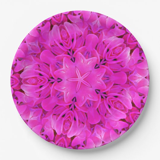 万華鏡のように千変万化するパターンデザインホットピンクフローラパーティープレート ペーパープレート (正面)