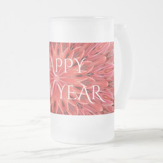 万華鏡のように千変万化するパターンデザインレッドフラワーハッピーニューイヤー文字 フロストグラスビールジョッキ (正面右)