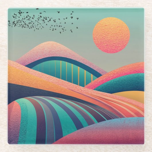 万華鏡のように千変万化するパターンヒルズランドスケープ ガラスコースター (正面)